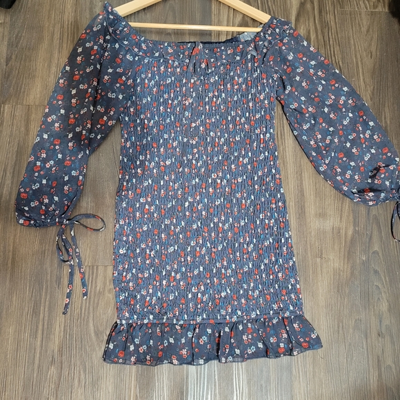 By Egreis Elegant Navy Blue Multi Dress Size L Smocked Flirty - Picture 1 of 4